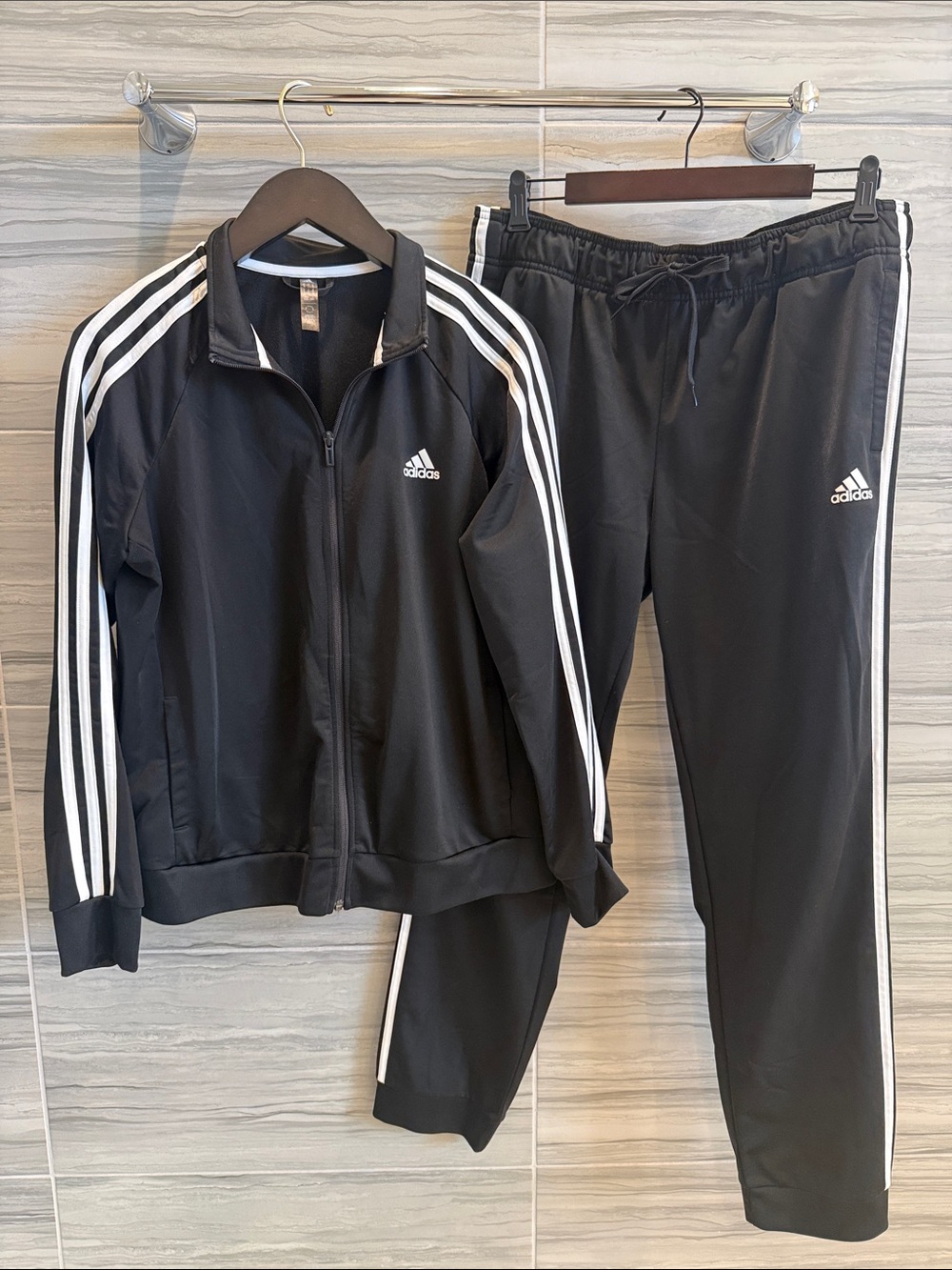 adidas Black & White Three-Stripe Track Jacket and Pants